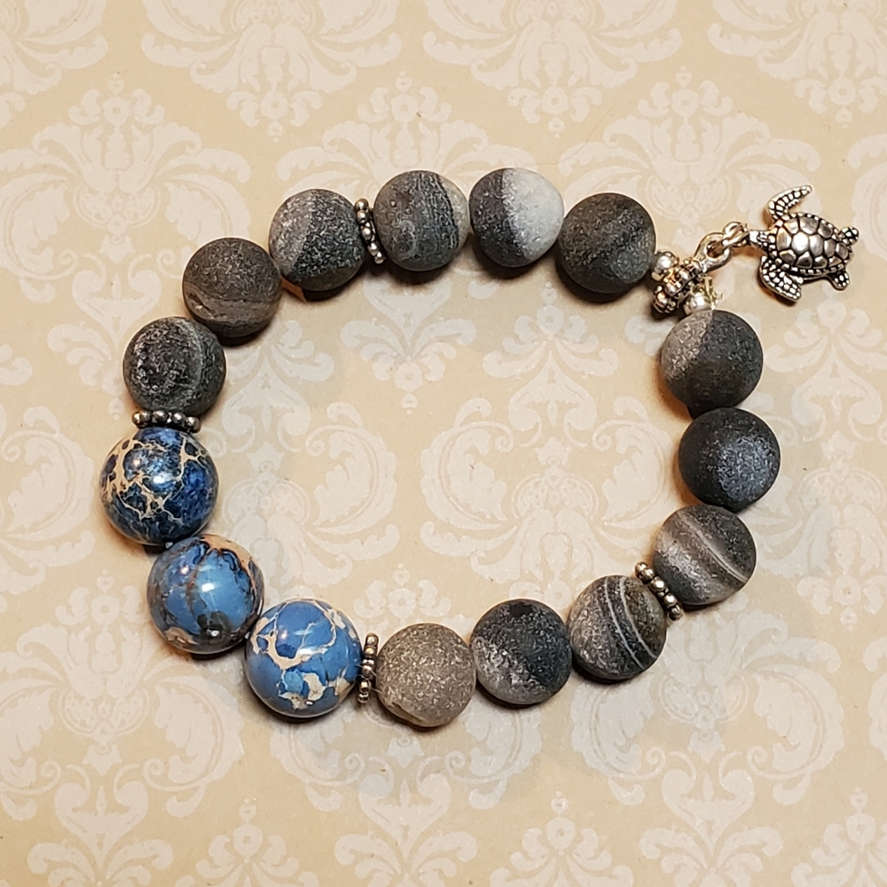 Sea Sediment or Aqua Terra Jasper with Agate Crystal Art Bracelet Sea Tu…
